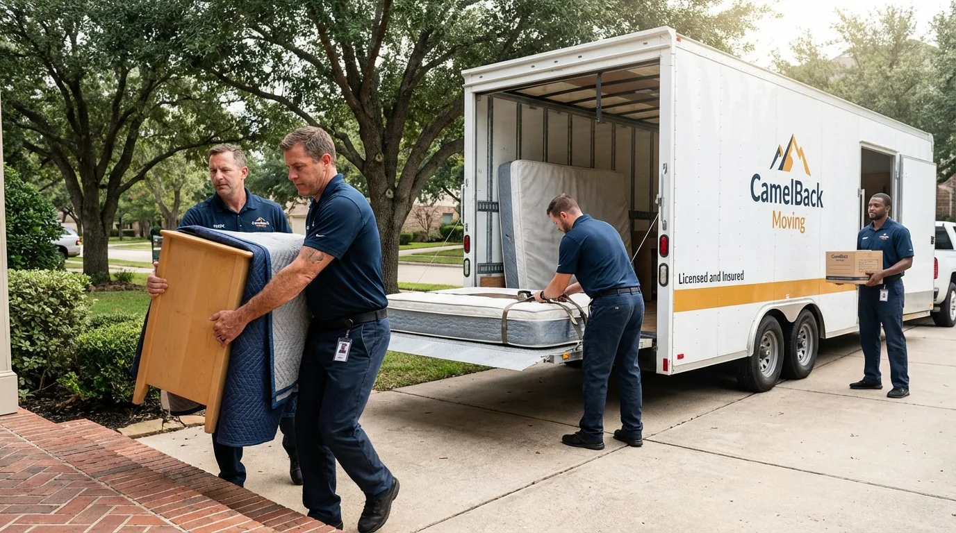 Crew loading residential truck for cross-state move from Springhill, LA