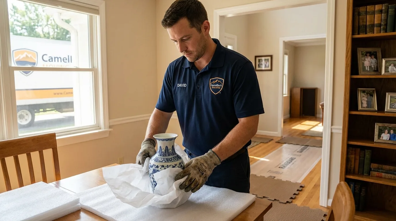 Professional crew carefully wrapping antique vase for senior downsizing move in Springhill, LA